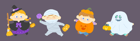 Cute cartoon kids in halloween costume. Vector illustration.のイラスト素材