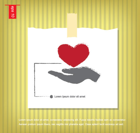 Red heart on hand, vector icon  in Note Papers with a sticky tape stuck on the wall vector iconのイラスト素材