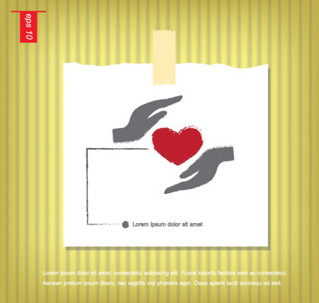 Red heart on hand, vector icon  in Note Papers with a sticky tape stuck on the wall vector iconのイラスト素材