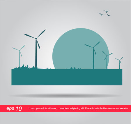 farm and turbine in sunrise or sunsetのイラスト素材