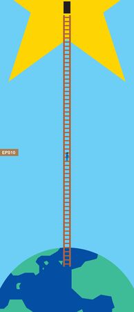 Business man climbing a ladder from Earth towards the stars vectorのイラスト素材