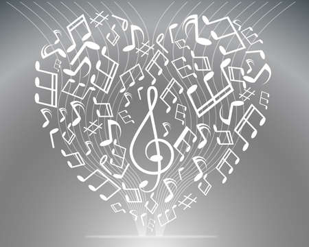 Vector black and white music background with treble clef of heart shapedのイラスト素材