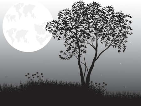 Natural scene with silhouette of tree against moonのイラスト素材