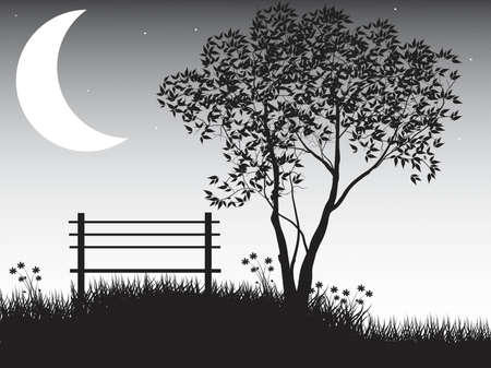 Natural scene with silhouette of tree against moonのイラスト素材