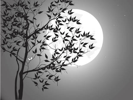 Vector night background with tree branches and the moonのイラスト素材