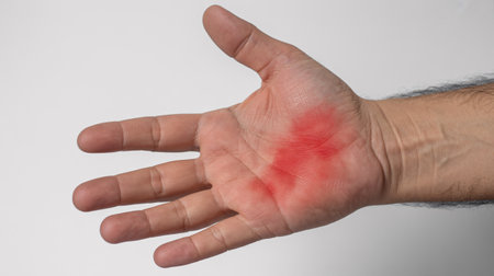 A detailed shot of a human hand, showing a distinct red, inflamed patch on the palm, indicating a possible skin irritation or injury.の素材