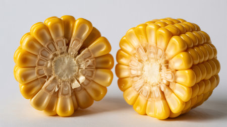 Two halves of a corn cob, showcasing the kernels and the inner structure, set against a plain background.の素材