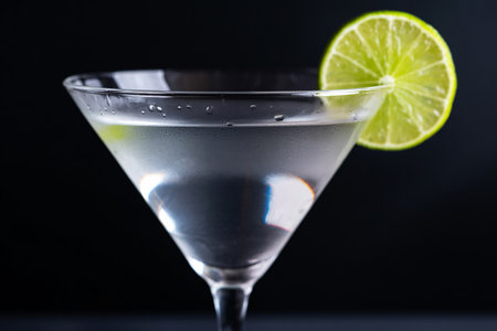 A classic martini cocktail in a stemmed glass, garnished with a fresh lime slice, set against a dark, minimalist background.の素材