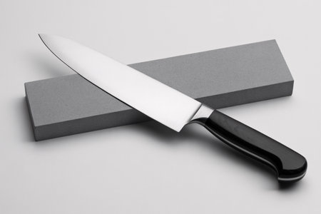 A professional chefs knife with a gleaming blade and black handle is positioned atop a grey whetstone, ready for sharpening to maintain its precision edge.の素材