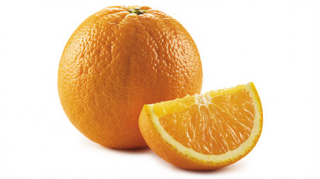 A whole orange and a slice of orange are displayed against a clean white background, highlighting their vibrant color and texture.の素材