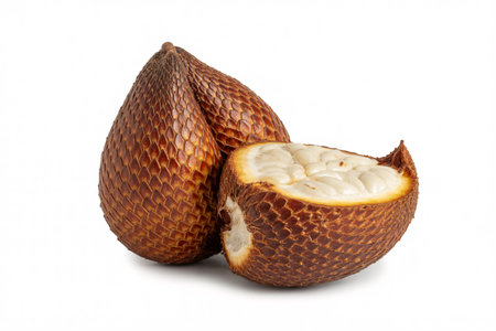 A close-up shot of salak fruit, one whole and one cut open, revealing the inside, set against a clean white background.の素材