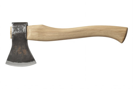 A traditional hand axe or hatchet featuring a sharp, forged steel blade and a smooth, curved light-colored wooden handle, shown in profile against a clean white backdrop.の素材