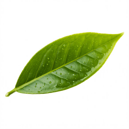 A vibrant green tea leaf, glistening with tiny water droplets, captured in a close-up shot against a pure white background, highlighting its natural beauty and freshness.の素材