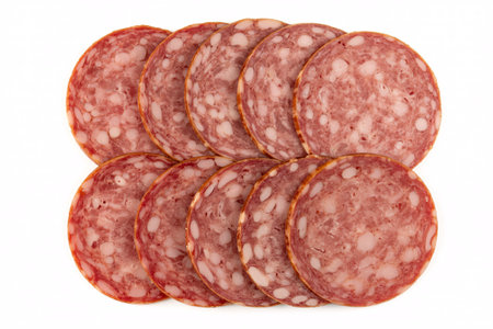 A top-down view of thinly sliced salami, showcasing its rich red color and speckled texture, neatly arranged in two rows on a clean white surface, ready for consumption.の素材