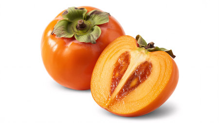 Close-up shot of a ripe persimmon fruit, one cut open to reveal the inside, showcasing its texture and color.の素材