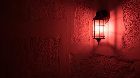 An old fashioned lantern hangs on a rough, textured wall, casting a deep and mysterious red light into the darkness. The scene evokes a sense of mystery and antiquity.の素材