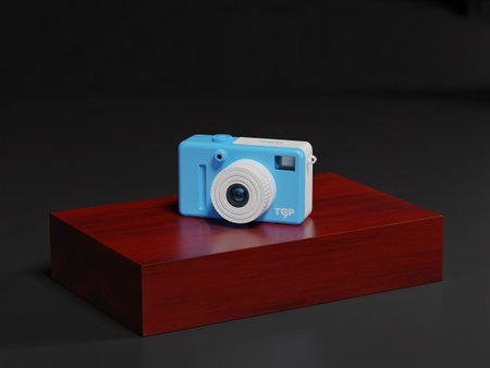 A small, blue digital camera is placed on a red block, with a dark background.の素材