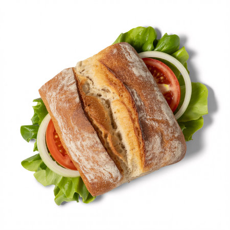 A delicious ciabatta sandwich with fresh lettuce, ripe tomato slices, and crisp onion rings, presented on a white background.の素材