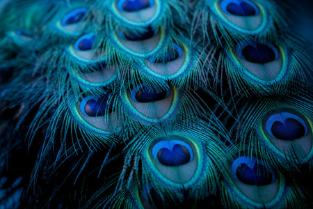 A detailed close-up shot of peacock feathers, highlighting their stunning iridescent blue and green colors and the intricate eye-like patterns on each plume.の素材