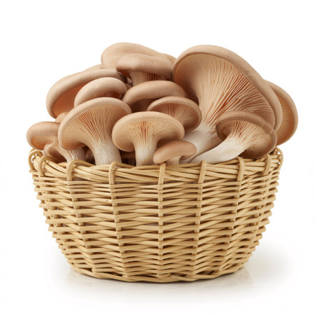 A woven basket filled with fresh oyster mushrooms, showcasing their delicate texture and earthy flavor. Perfect for culinary creations and healthy eating.の素材