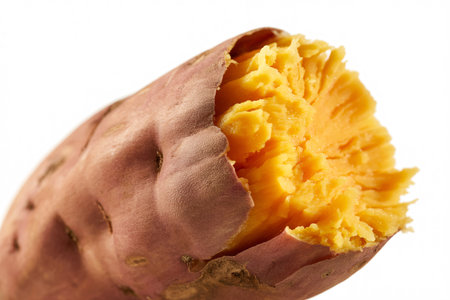 A close-up shot of a baked sweet potato, split open to show its soft, bright orange flesh. The skin is a rustic brown, contrasting with the warm, inviting interior, isolated on white.の素材