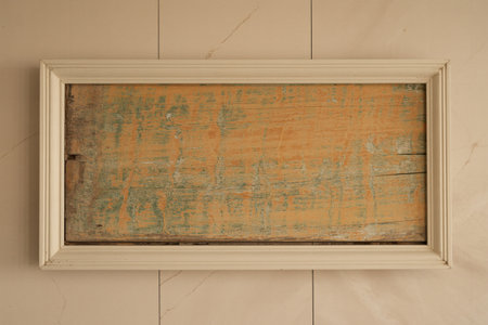 A horizontal piece of distressed and weathered wood with orange and green tones set inside a simple off white frame. The artwork hangs on a matching paneled wall.の素材