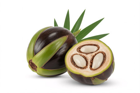 A close-up shot of sapucaia nuts, showcasing their unique appearance and texture. The image highlights the fruits exotic nature and potential culinary uses.の素材