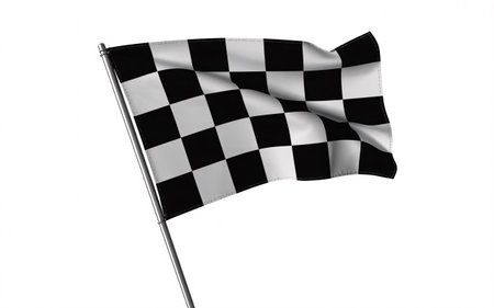 A black and white checkered flag waves triumphantly, symbolizing victory, the end of a race, and success in motorsports. Represents achievement and competition.の素材