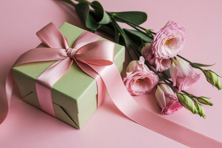 A beautifully wrapped green gift box with a satin pink ribbon, accompanied by delicate pink roses and buds, set against a soft pink backdrop.の素材