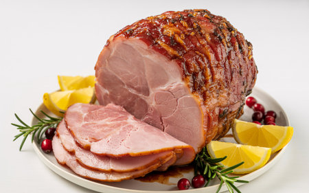A beautifully cooked glazed ham, sliced and presented on a platter with lemon wedges, cranberries, and rosemary sprigs.の素材