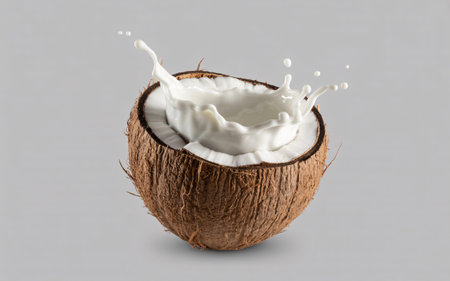 A halved coconut with milk splashing out, showcasing a fresh and refreshing tropical drink. Perfect for summer and healthy eating.の素材
