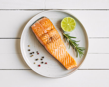 A perfectly cooked salmon fillet seasoned with peppercorns, garnished with a fresh lime slice and rosemary sprig, presented on a white plate.の素材
