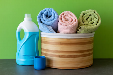 A wooden basket filled with soft rolled towels in blue pink and green next to a bottle of liquid detergent on a dark surface against a bright green wall.の素材