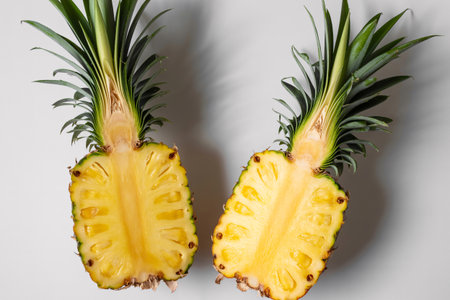 Two pineapple halves with green tops are displayed on a white background, showcasing the fruits yellow flesh and texture.の素材