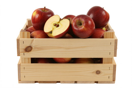 A wooden crate filled with vibrant red apples, including one cut in half to reveal its core, set against a clean white background, highlighting freshness and natural produce.の素材