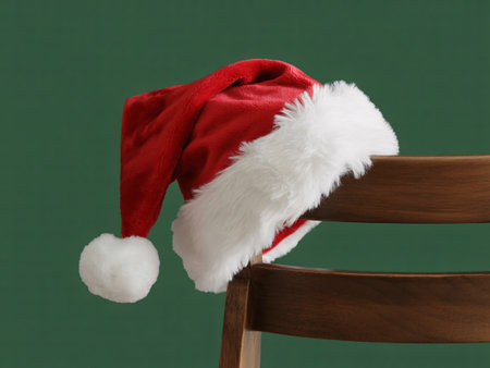festive santa hat on a wooden chair, perfect for christmas holiday celebration backgrounds and designsの素材