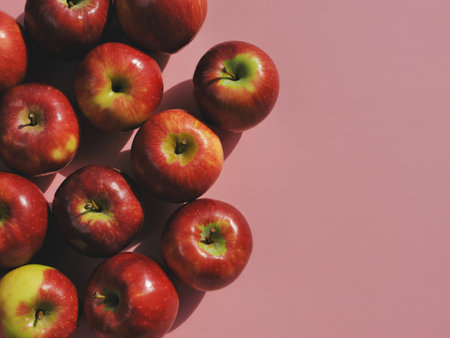 a vibrant flat lay of fresh red apples on a pink background, perfect for healthy eating conceptsの素材