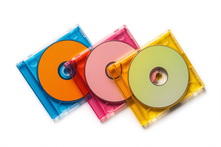 a vibrant collection of cds and dvds in colorful cases for data storage and multimedia preservationの素材