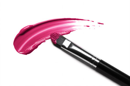 a pink lipstick swatch with a makeup brush on a white background for beauty and cosmetic conceptsの素材