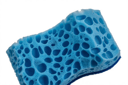 a blue cleaning sponge with a porous texture isolated on a white background for dish washing useの素材