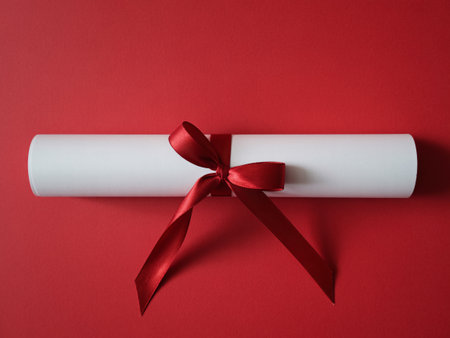 a graduation diploma tied with a red ribbon on a red background perfect for academic celebrationsの素材