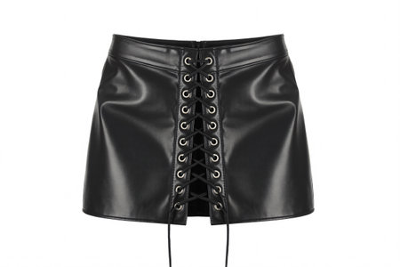 a stylish black faux leather mini skirt with lace up detail, perfect for a night out or party wear.の素材