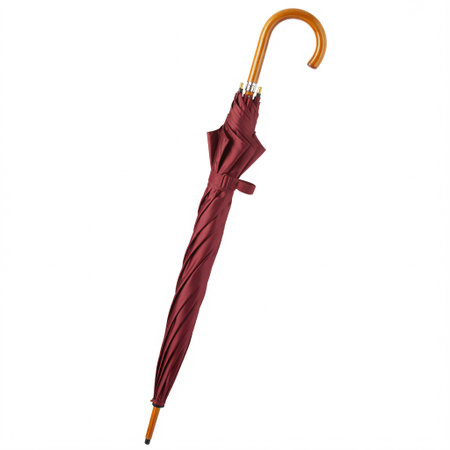 a burgundy umbrella with a wooden handle, perfect for rain protection and a stylish accessory itemの素材