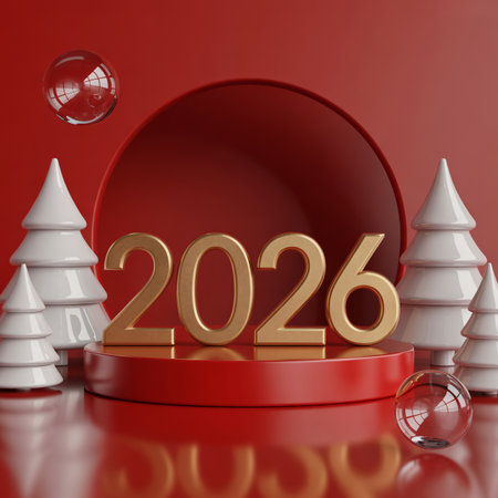 A festive 3D render featuring golden 2026 numbers on a red podium, with stylized Christmas trees and transparent spheres against a red background.の素材