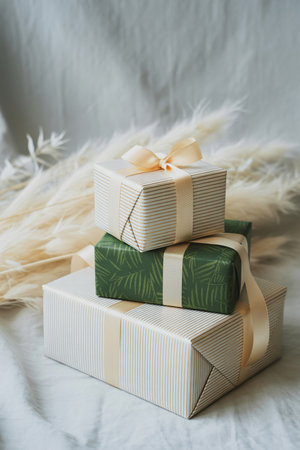 A still life composition featuring three elegantly wrapped gifts, stacked in a pyramid formation, adorned with delicate ribbons and set against a backdrop of soft pampas grass.の素材