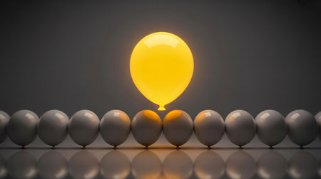 A luminous yellow balloon floats above a line of dull grey ones on a reflective surface. A powerful metaphor for individuality, innovation, and standing out from the crowd.の素材