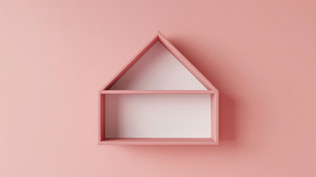 A top-down shot of a pink house-shaped shelf against a pink backdrop, showcasing a minimalist aesthetic.の素材