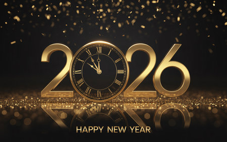 Festive New Year image featuring golden numbers, a clock, and sparkling glitter, perfect for holiday greetings.の素材
