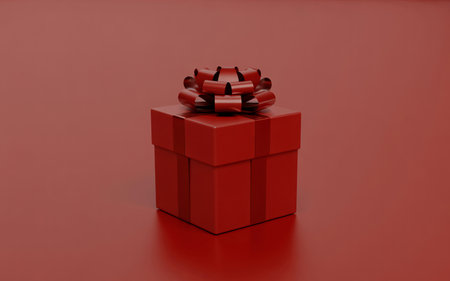A close-up shot of a red gift box with a ribbon on a red surface, perfect for holiday or special occasion.の素材