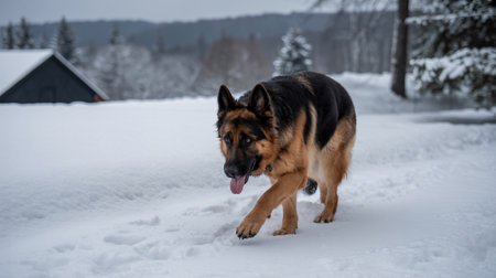 A beautiful German Shepherd dog walks through a snowy field with its tongue out. In the background are snow covered trees and a building on a cold winter day.の素材